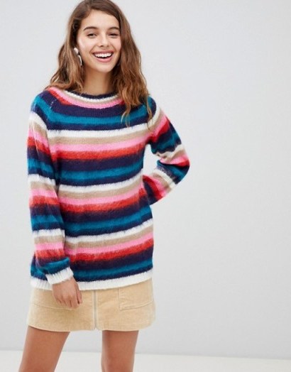 Willow & Paige fluffy knit jumper in stripe multi | soft crew neck sweater - flipped