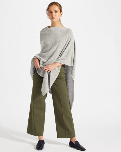 JIGSAW WOOL CASHMERE BLEND LONG PONCHO Pale-Grey / luxury style knitted outerwear / stylish Autumn cover-up - flipped