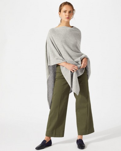JIGSAW WOOL CASHMERE BLEND LONG PONCHO Pale-Grey / luxury style knitted outerwear / stylish Autumn cover-up