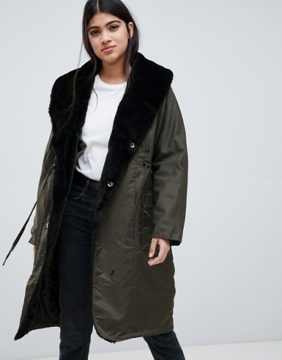Y.A.S Draw String Hooded Parka Jacket in Forest Night ~ faux fur lined - flipped