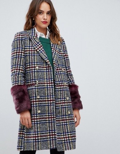Y.A.S heritage fur trimmed coat / checks & fluffy cuffs - flipped