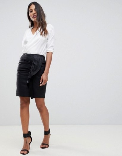 Y.A.S Ruched Detail Leather Mini Skirt in Black - flipped