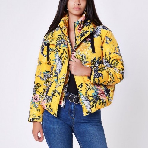 RIVER ISLAND Yellow floral layer hooded puffer jacket – bold flower & leaf prints - flipped