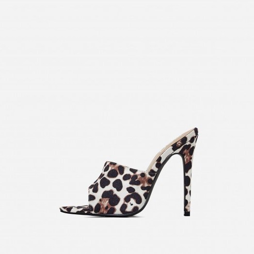 EGO Zadie Pointed Peep Toe Heel Mule In White Leopard Print Faux Suede ~ glamorous stiletto heel mules - flipped