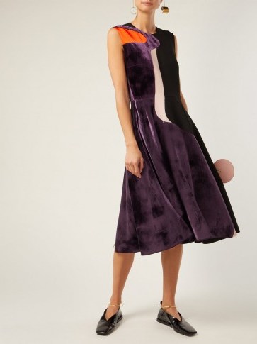 ROKSANDA Abstract purple velvet-panel cady dress ~ luxe sleeveless fit and flare - flipped
