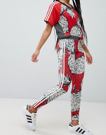 adidas Originals X Farm Three Stripe Leggings In Pineapple Print | red fruit printed sports pants - flipped