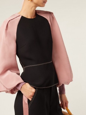 ROKSANDA Alana balloon-sleeve pink and black crepe and satin blouse ~ colour block clothing - flipped