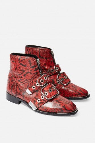 Topshop ALEX Front Zip Ankle Boots in Red | snake prints - flipped