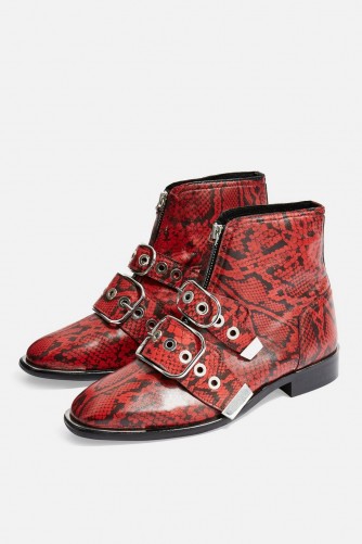 Topshop ALEX Front Zip Ankle Boots in Red | snake prints