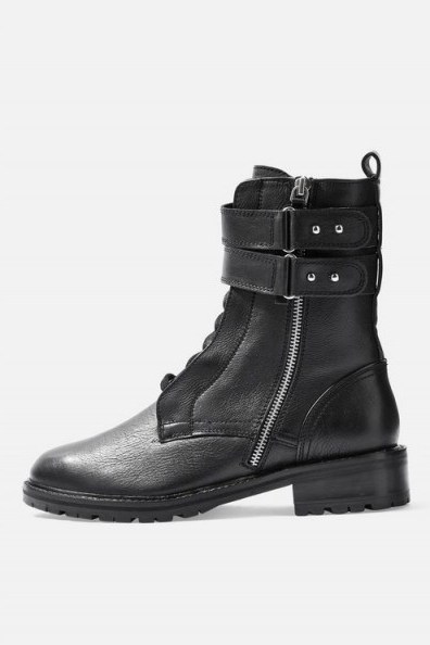 TOPSHOP ASHLEY Lace Up Hiker Boots in Black – double strap side zip boot - flipped