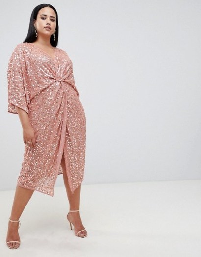 ASOS DESIGN Curve scatter sequin knot front kimono midi dress in dusty pink | sparkly gathered party dress - flipped