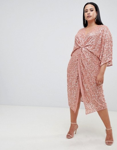 ASOS DESIGN Curve scatter sequin knot front kimono midi dress in dusty pink | sparkly gathered party dress