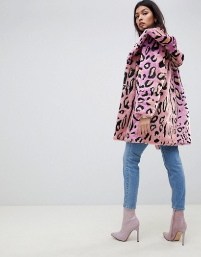 ASOS DESIGN faux fur coat in bright animal in multi – hooded winter jacket