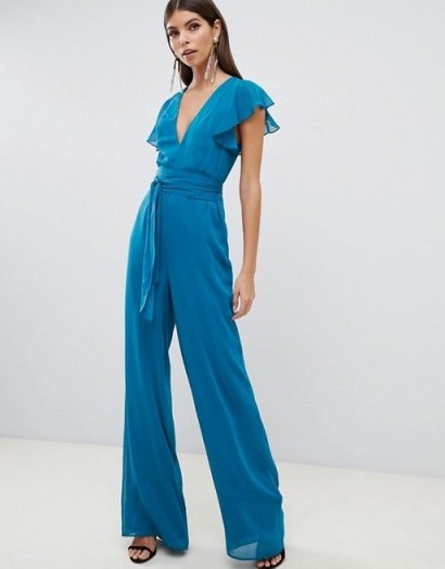 ASOS DESIGN flutter sleeve jumpsuit in Teal | blue party fashion - flipped