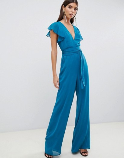 ASOS DESIGN flutter sleeve jumpsuit in Teal | blue party fashion