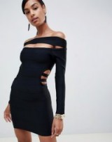 ASOS DESIGN off shoulder bardot mini bandage dress with cut out in black | LBD | short bardot frock