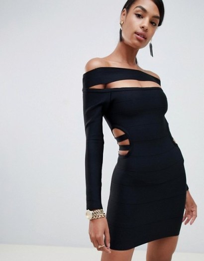 ASOS DESIGN off shoulder bardot mini bandage dress with cut out in black | LBD | short bardot frock - flipped