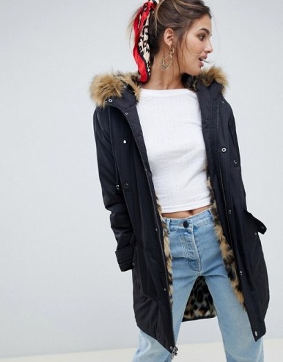 ASOS DESIGN parka with leopard faux fur lining in black - flipped
