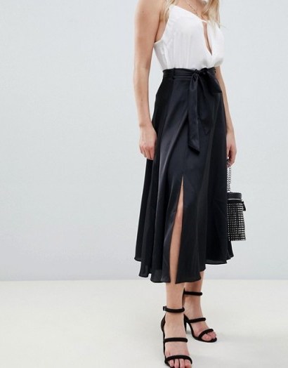 ASOS DESIGN Petite satin midi skirt with self tie in black | flowy front slit skirts - flipped
