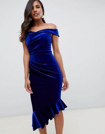 ASOS DESIGN structured velvet midi bodycon dress in cobalt – blue bardot party dresses
