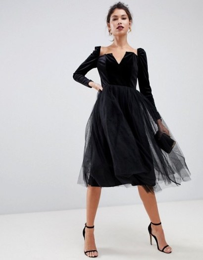 ASOS DESIGN velvet tulle midi dress in black | feminine party frock | LBD - flipped