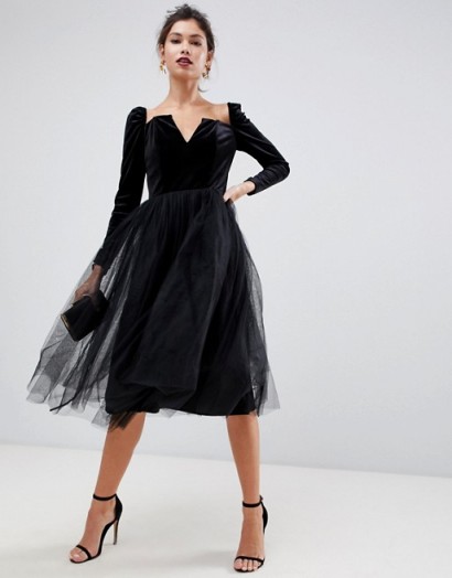 ASOS DESIGN velvet tulle midi dress in black | feminine party frock | LBD