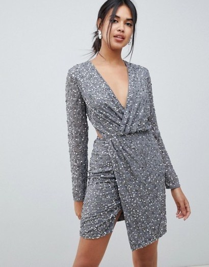ASOS DESIGN wrap front mini dress in scatter sequin with open back in gunmetal – glittering party dresses - flipped