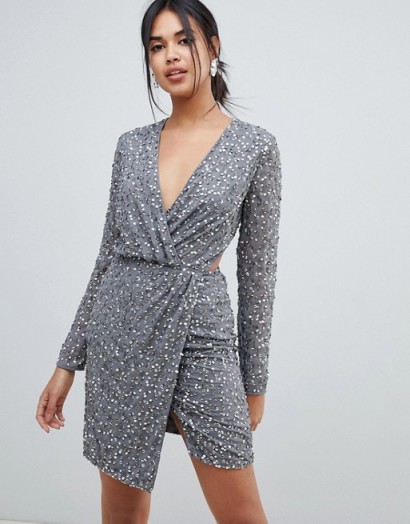 ASOS DESIGN wrap front mini dress in scatter sequin with open back in gunmetal – glittering party dresses
