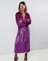 ASOS EDITION sequin wrap midi dress in Magenta | shimmering purple party frock