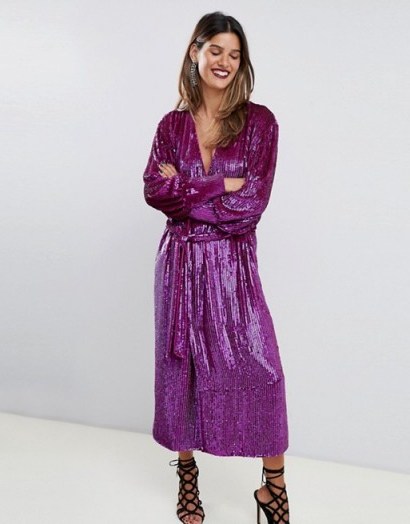ASOS EDITION sequin wrap midi dress in Magenta | shimmering purple party frock - flipped
