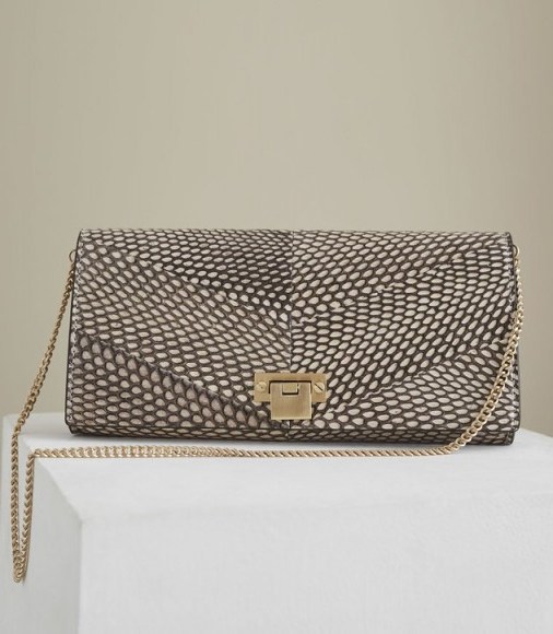 REISS AUDLEY SNAKE SNAKE SKIN CLUTCH BAG BLUSH ~ glamorous event accessory - flipped