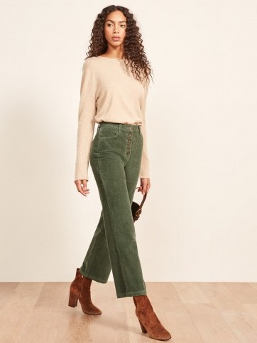 Reformation Austin Pant Sage – cropped green corduroy trousers - flipped
