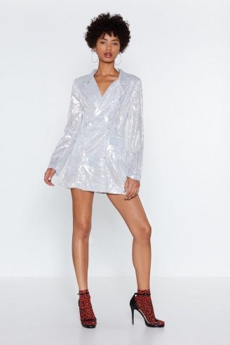 NASTY GAL Back in a Flash Sequin Blazer Dress in Silver | shimmering jacket style party dress - flipped