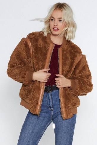 NASTY GAL Bear Hugs Only Bomber Jacket in Camel – brown faux fur - flipped