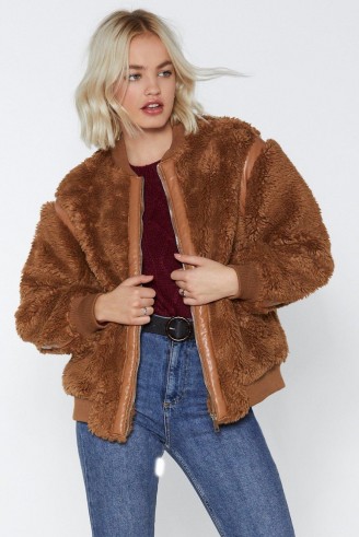 NASTY GAL Bear Hugs Only Bomber Jacket in Camel – brown faux fur