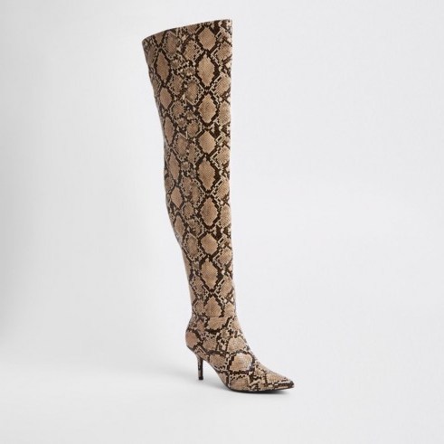 RIVER ISLAND Beige snake print slouch over the knee boots | reptile winter boots - flipped