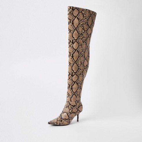 RIVER ISLAND Beige snake print slouch over the knee boots | reptile winter boots