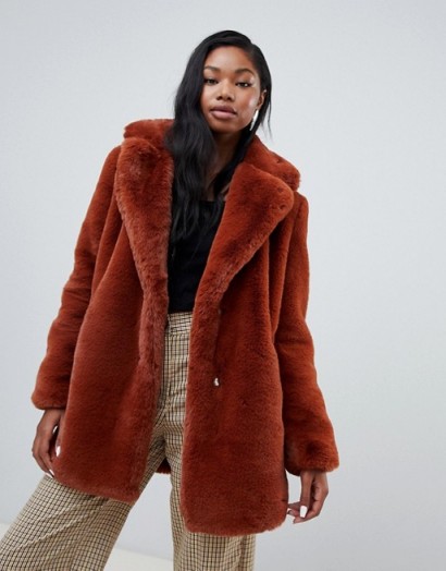 Bershka faux fur coat in Brown