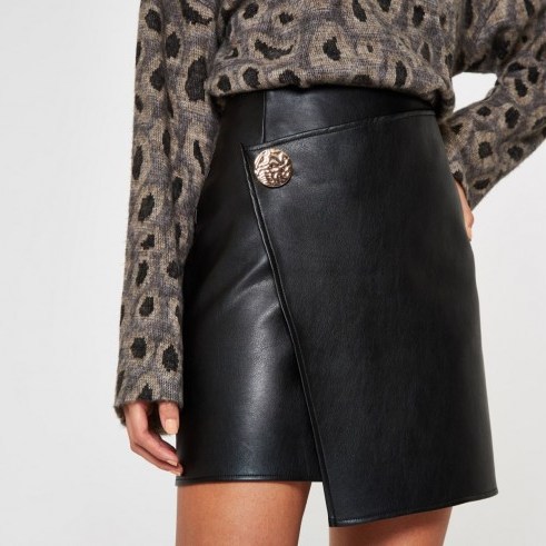 RIVER ISLAND Black button side wrap mini skirt | asymmetric hemline - flipped