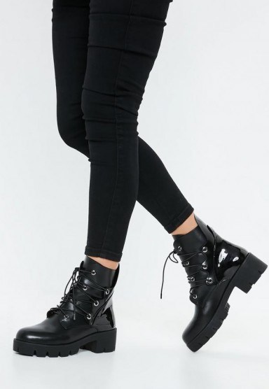 MISSGUIDED black chunky outsole cross over lace boots - flipped