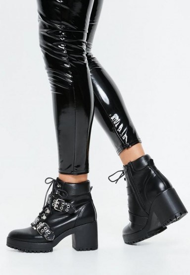 MISSGUIDED black chunky sole double strap biker boots - flipped