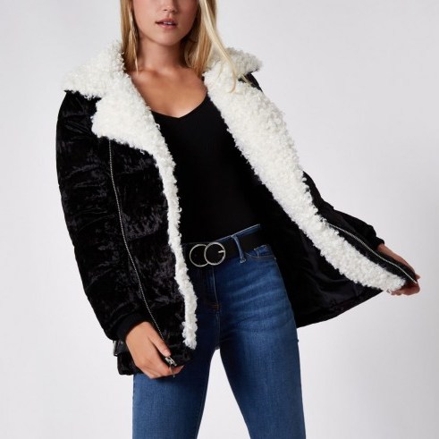 River Island Black faux fur trim biker puffer jacket – mono winter coats - flipped