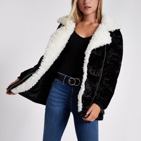 River Island Black faux fur trim biker puffer jacket – mono winter coats