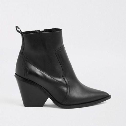 River Island Black leather western ankle boots – chunky angled cone-shaped heel - flipped