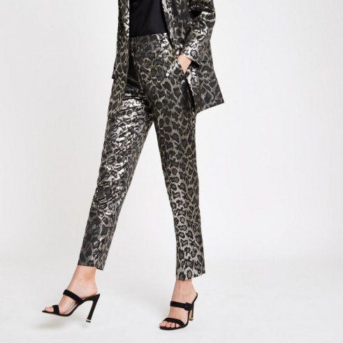 RIVER ISLAND Black leopard print jacquard trousers | shiny pants