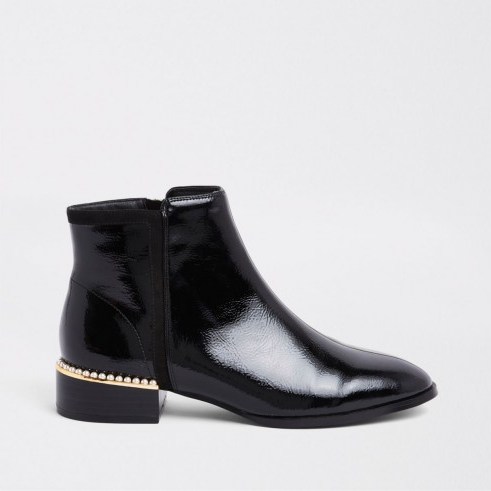 RIVER ISLAND Black patent leather pearl trim ankle boots | embellished heel | winter footwear - flipped