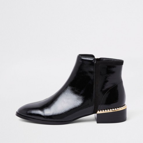 RIVER ISLAND Black patent leather pearl trim ankle boots | embellished heel | winter footwear