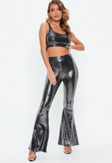 Missguided black sequin disc flare trousers and top co ord set | glamorous sequinned party fashion - flipped