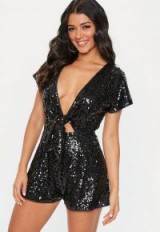 Missguided black sequin tie front playsuit | glamorous playsuits