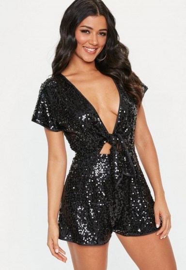 Missguided black sequin tie front playsuit | glamorous playsuits - flipped